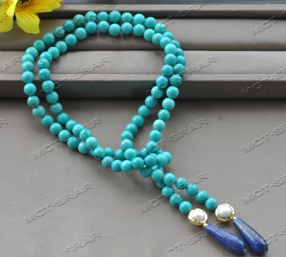 Z11989 36'' Blue Drop Lapis-Lazuli Green Turquoise Gold-Plated Pearl Necklace