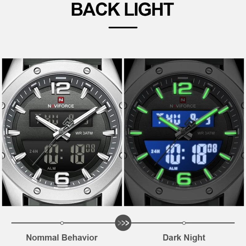 ساعة NAVIFORCE للرجال كوارتز LCD بشاشة عرض مزدوجة مع حزام سيليكون 3ATM مقاومة للماء ومضادة للصدمات وإضاءة ليلية كاجوال رياضية