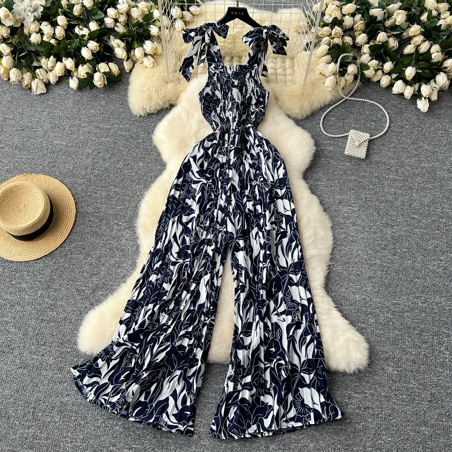 Jumpsuit with Straps for Women Summer Print Women Jumpsuit Wide Leg Pants Sexy Sleeveless Jumpsuit One Piece Outfit