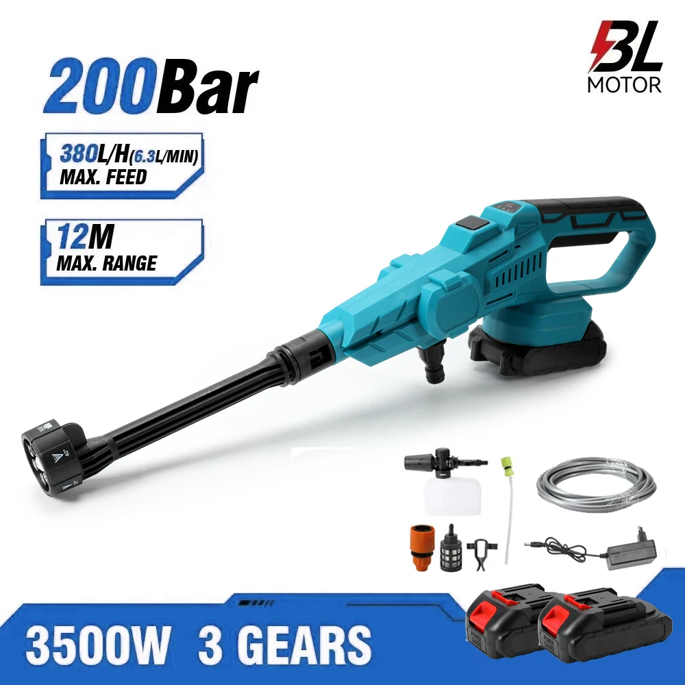 3500W 200Bar Brushless Electric High Pressure Washer Car Wash Water Gun 3-Speed Garden Irrigation Tool for Makita 18V Battery