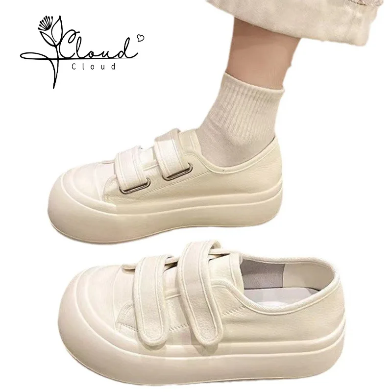 

Thick Soled Little White Flat Shoes Women 2024 New Velcro White Canvas Shoes Ugly Big Head Shoes Cookie Sole Single Shoes