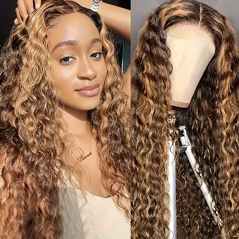 

24 Inch Deep Wave P4/27 Highlight 5x5 HD Transparent Lace Front Wigs Ombre Human Hair Pre Plucked Natural Hairline