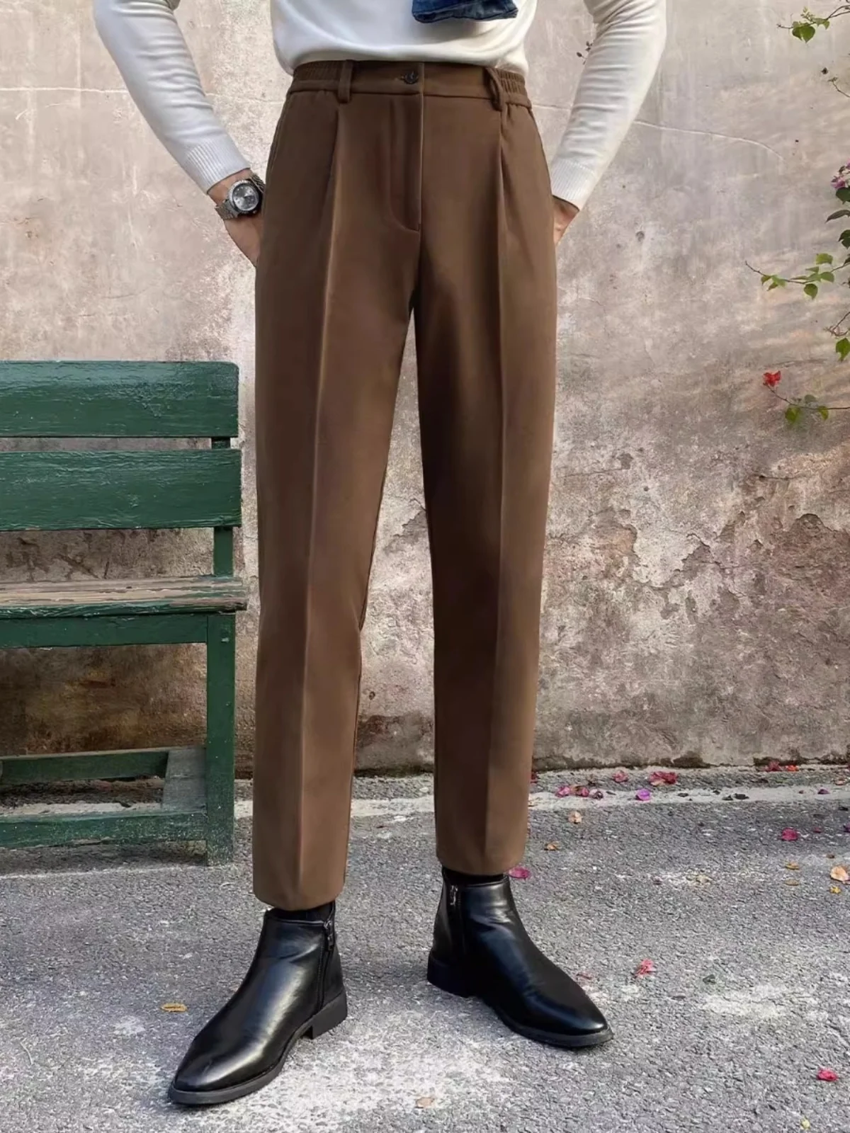 

Мужские шерстяные брюки прямого кроя Slim Fit для бизнеса и повседневной носки, осенне-зимние, с эластичным поясом, выцветшие, длинные