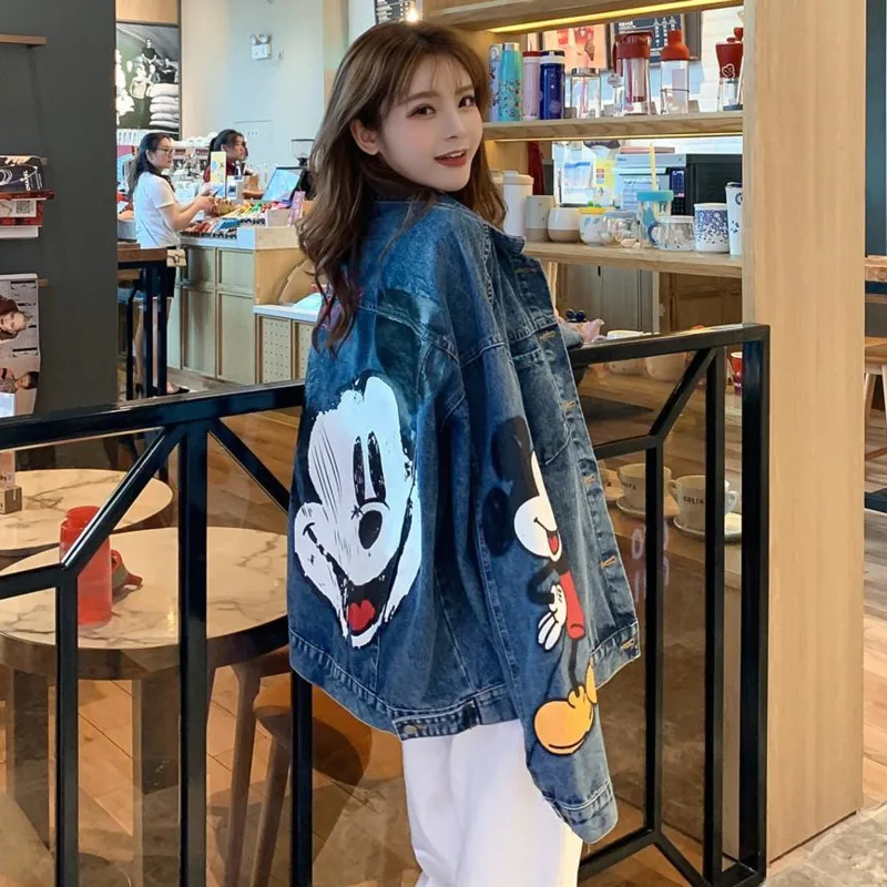 Miniso botão disney mickey denim casaco dos desenhos animados gráfico bonito jaquetas manga longa coreano outerwear cowboy casaco de grandes