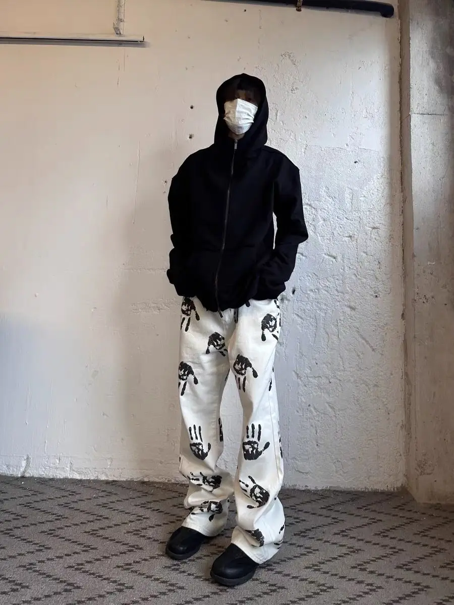 Fashion Men's White Washed Jeans High Street Hip Hop Style Vintage Straight Leg Casual Trousers with Retro Print