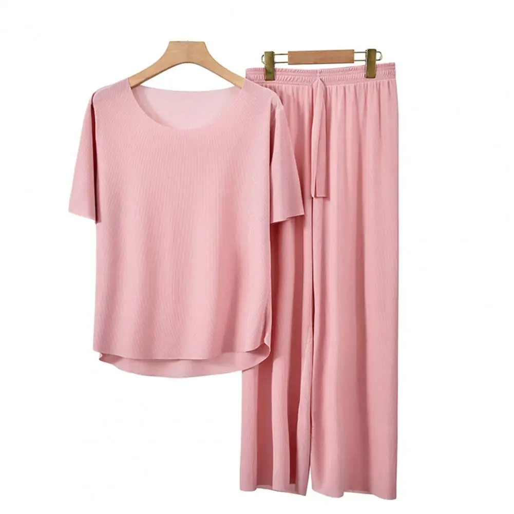 Pyjamas Set for Women Short Sleeve Solid Color Tops and Wide Leg Pants 2 Piece Outfits Loungewear Ice Silk Pajama Set Sleepwear
