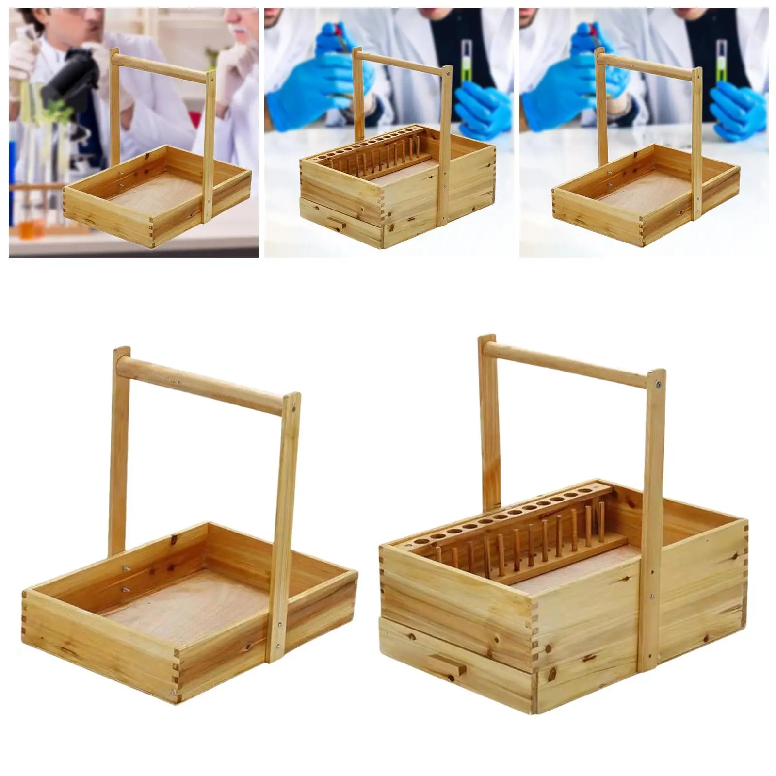Wood Test Tube Rack with Handle Lab Instruments Storage Container Basket Carry Bin Basket for Experiment Tools Lab Equipments