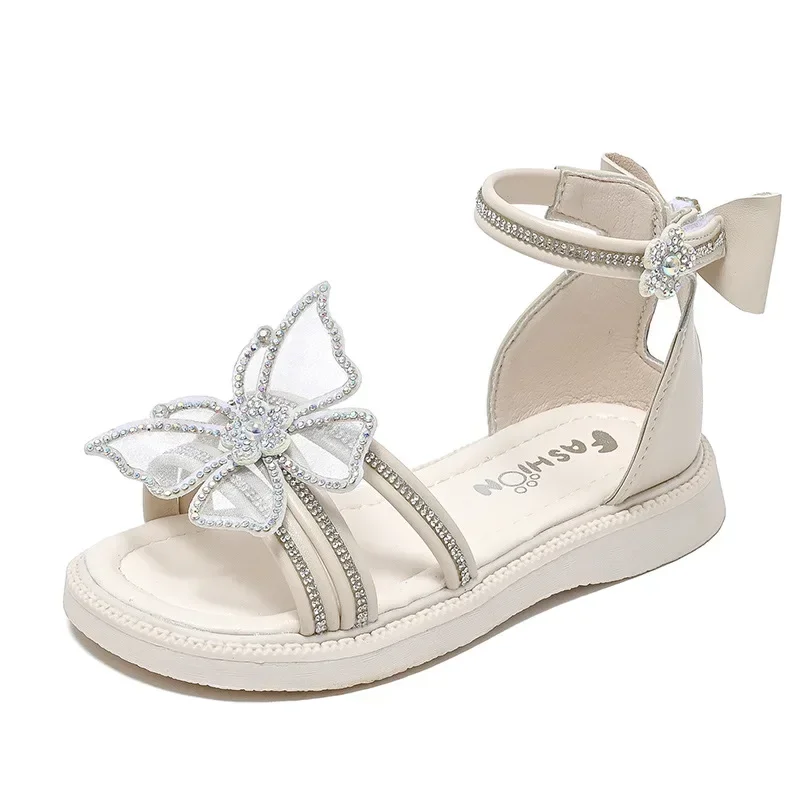 Sandali dolci da principessa per ragazze 2024 estate nuova moda stile coreano scarpe da spiaggia con strass per bambini elegante temperamento Chic