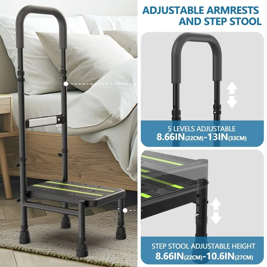Step Stool with Handle for Elderly, Adjustable Handrail Leg, Sensor Light, Medical Stepping Stools for High Bed Mobility Daily