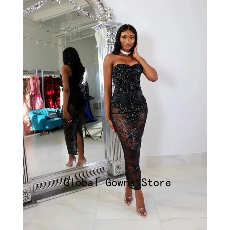 Black Long Prom Dresses For Black Girls Sweetheart Beaded American African Evening Gowns Birthday Party Robe Customized