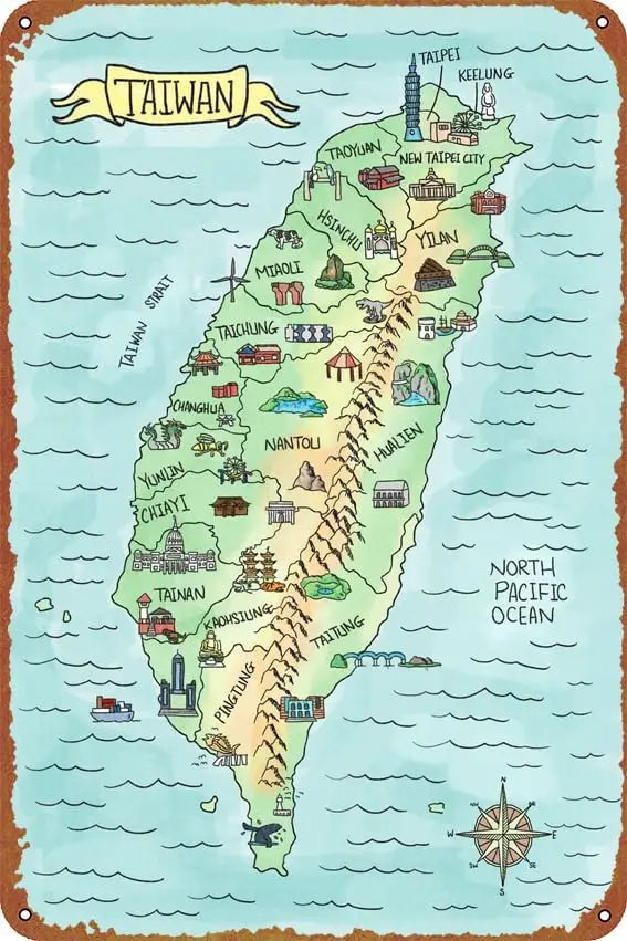 Mapa de acuarela de Taiwán, cartel Vintage de Metal bonito, regalo, novedad Retro, cafetería, tienda, garaje, carteles de estaño, 8x12 pulgadas