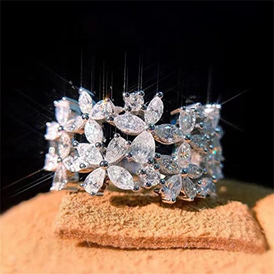 

25 Sterling Silver Shiny Full Diamond Ring 1K Gold Flower Cocktail Rings Teardrop Cubic Zirconia Promise Rings CZ Flower Diamon