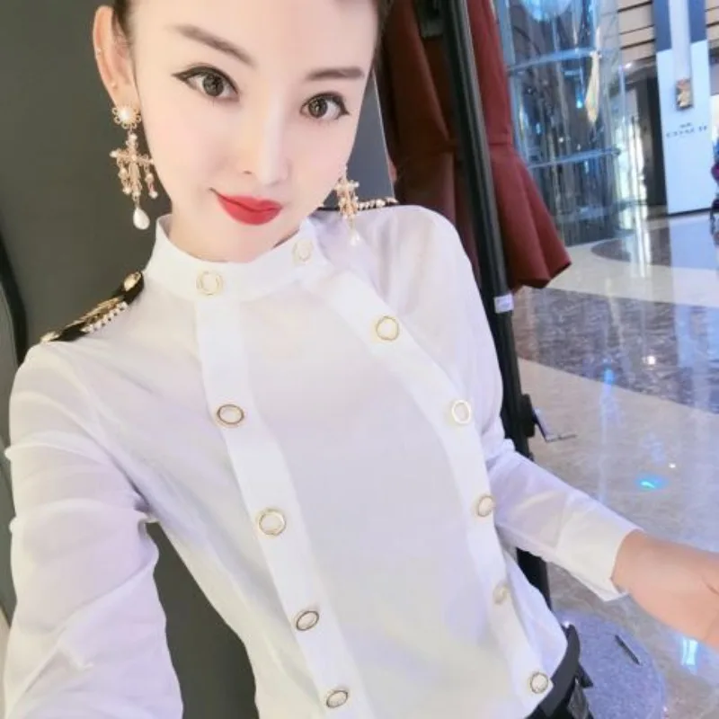 Chic Business Blouse Long Sleeve Women Clothing Solid Color Buttons Tops Shirts Slim Fit Stand-up Collar Shirt Casual High-end