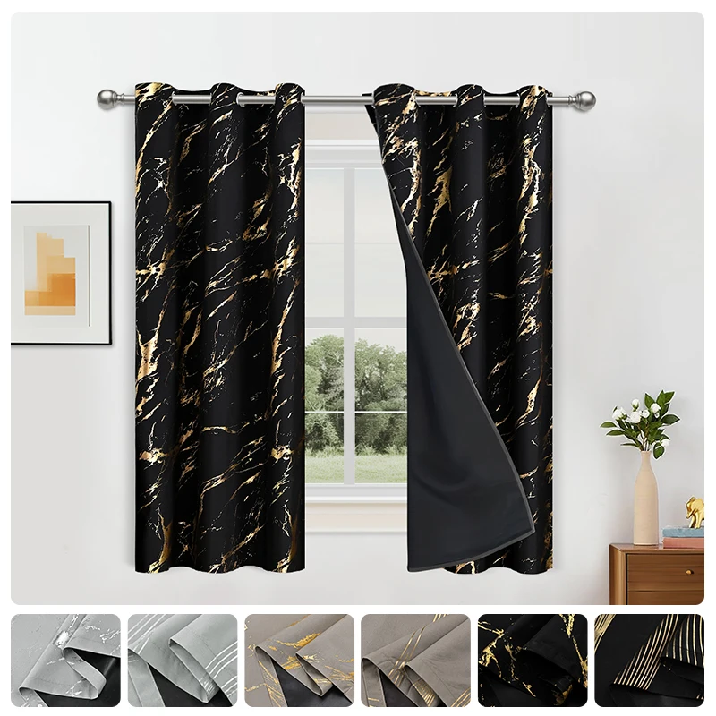 1PC 100% Blackout Curtain Luxury Gold Foil Printed Curtain For Living Room Dining Room Windows Bedroom Decor and Blocking Light