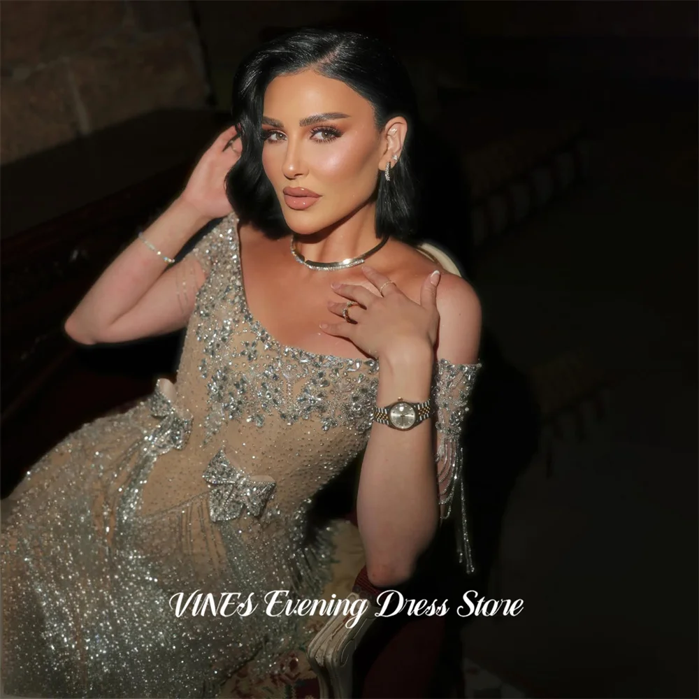 VINES Champagne Party Dresses Off the Shoulder Short Sleeve Evening Dresses Tassel and Bow فساتين السهرة Gala Dress Customized image 3