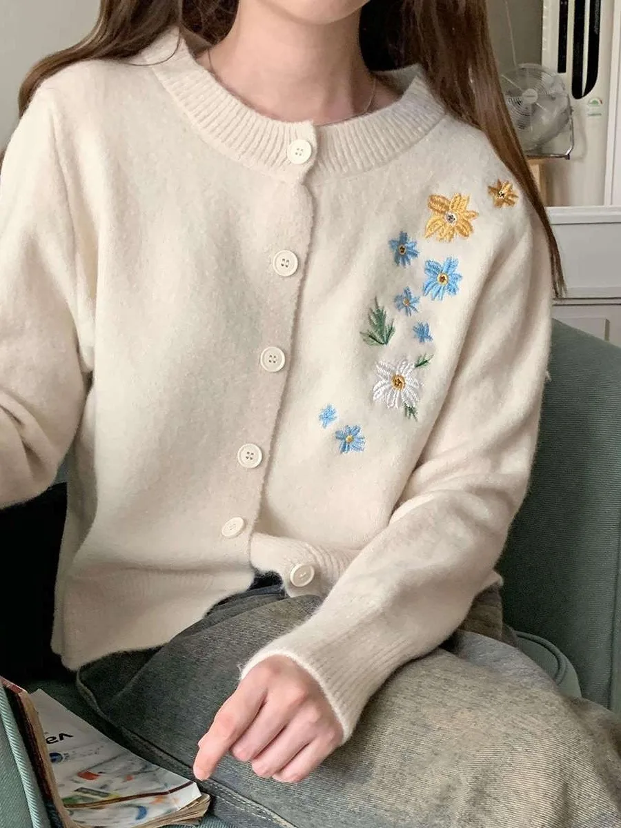 

Korean Sle Knitted Cardigan Women's Loose Sle Vintage Design Embroidered 3D Flower Sweater Coat Autumn Faion