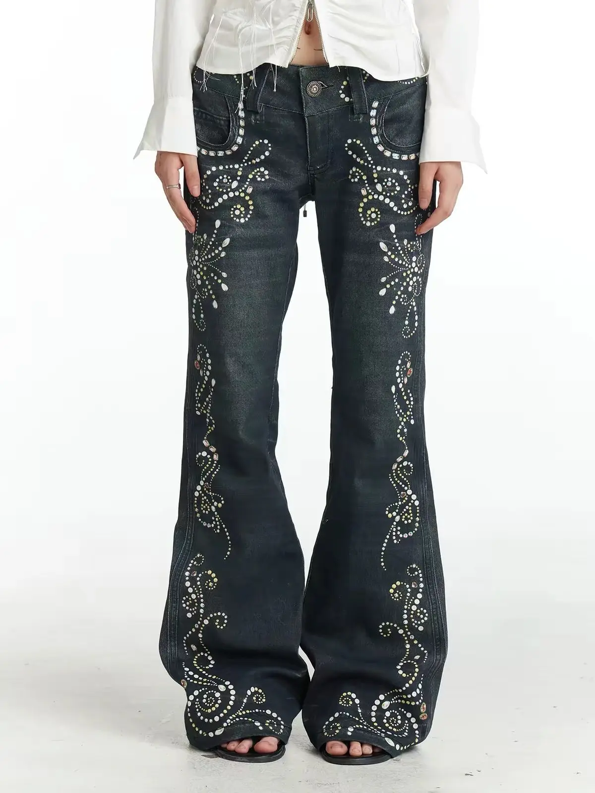 Vintage Gem Floral Print Low Waist Flared Pants Women Retro Y2K Streetwear Designer Denim Trousers