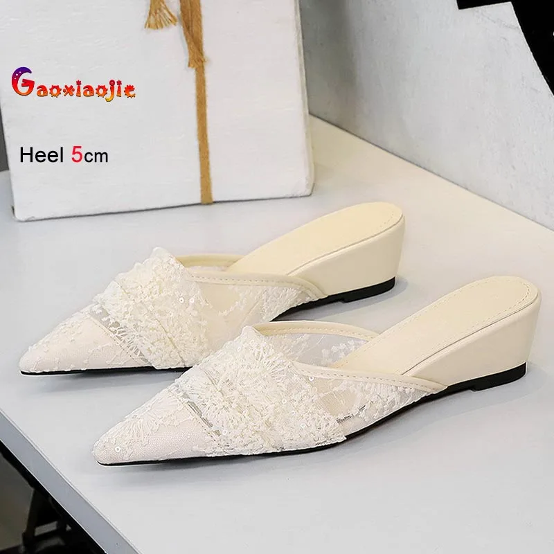 

2025 French Style Fashion Slippers Women Lace Mesh Shallow Mouth Wearing Outside Slippers Temperament Casual Wedge Heel Sandals