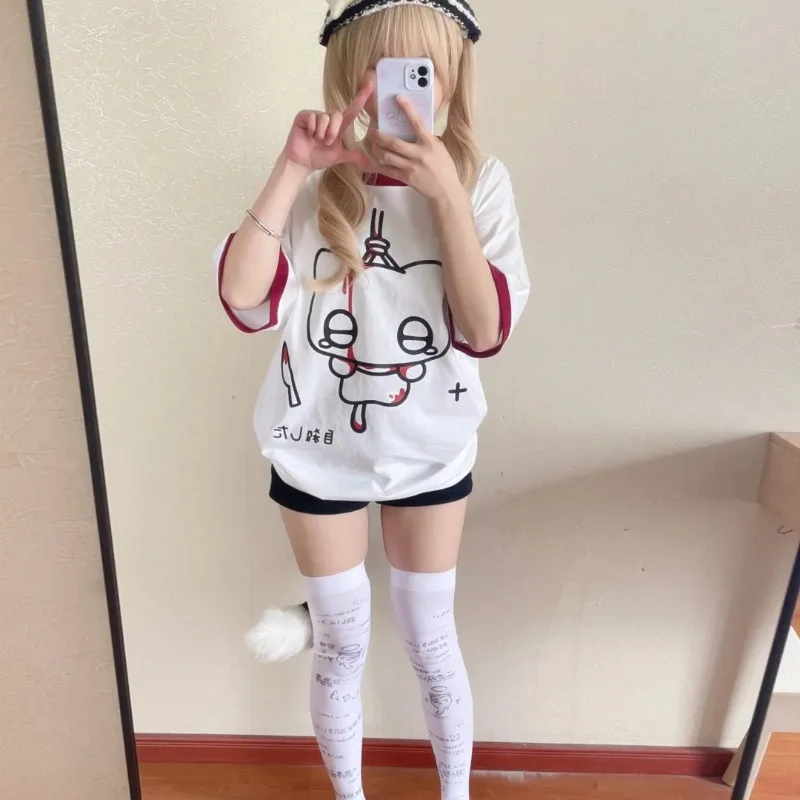 Hikigawa Chic Fashion Summer Japanese Kawaii Cat Print Short Sleeve Women T-Shirts Casual All Match Girls Harajuku Tops Mujer