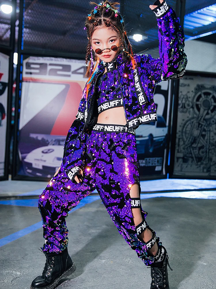 Children Girls Purple Sequin Hip Hop Set Street Dance Performance Clothing Jazz Costume Stage Dancing Wear Flared Sleeve Clothes