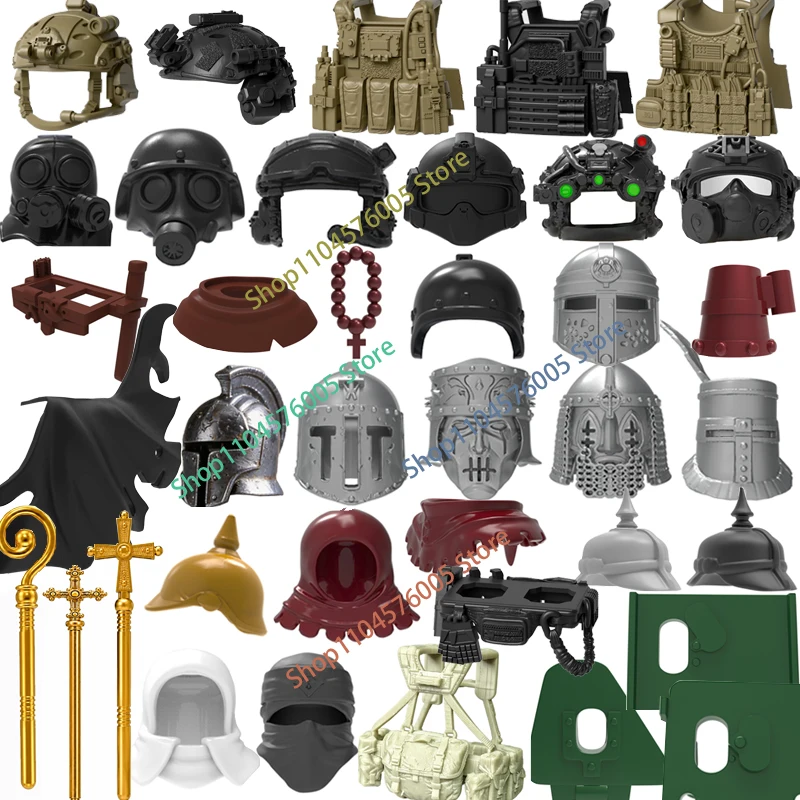 Image of MOC Figuren Körperteile Bausteine Mittelalterlicher Ritter Kapuzen-Kopfbedeckung Zepter Spezialeinheiten Soldatenhelm Mini-Bausteine Spielzeug T30