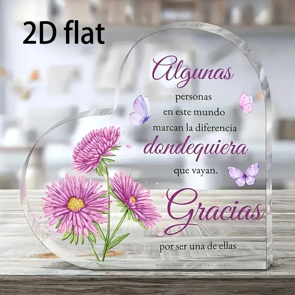 2D Flat, 1pc Heart-Shaped Acrylic Decoration with Spanish Thank You Quote - Mother's Day Gift for Mom, Pink Floral & Butterfly