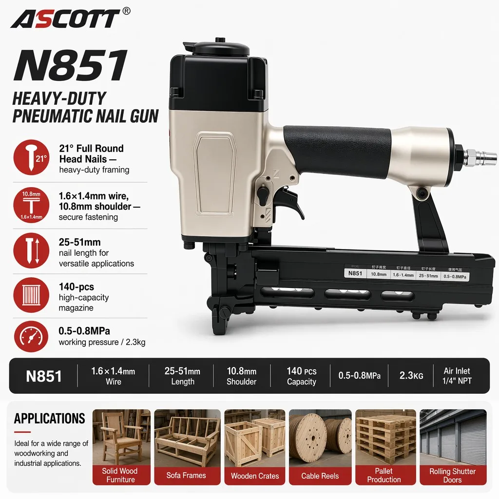 ASCOTT N851 Framing Nailer Heavy-Duty 21° Round Head Nail Gun for Industrial Woodworking Furniture Cabinets Fencing