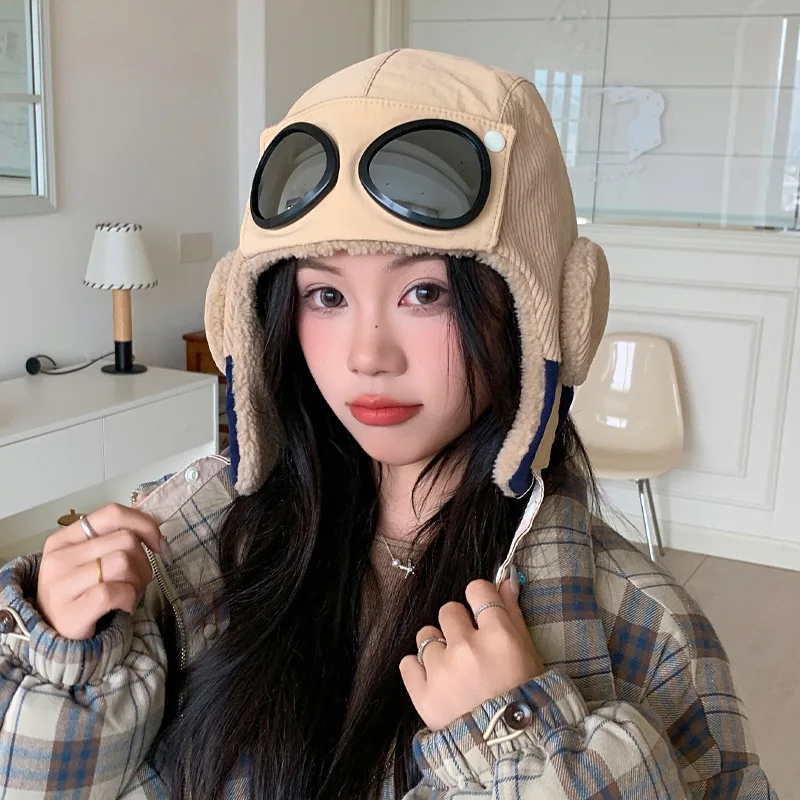 New Warm Bomber Hats with Goggles Plush Fur Winter Hat with Earflap Winter Dandy Cap for Female Winter Hat Women