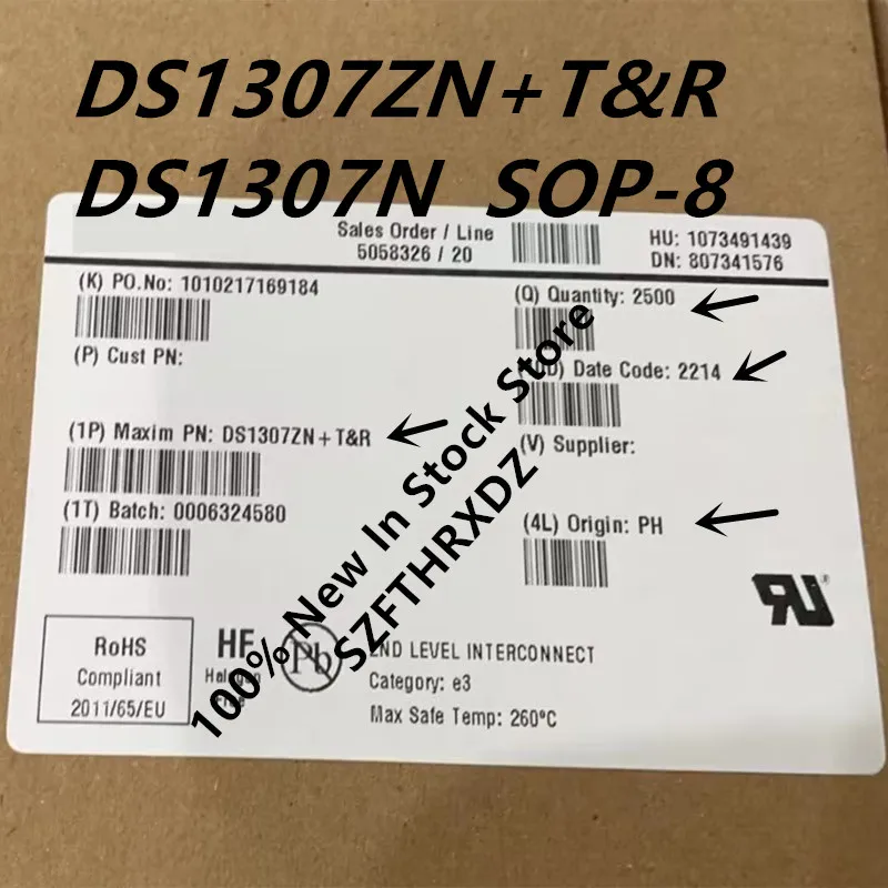 100% NEW ORIGINAL DS1307ZN+T&R SOP8 DS1307N SOP-8 64 x 8, Serial, I C Real-Time Clock