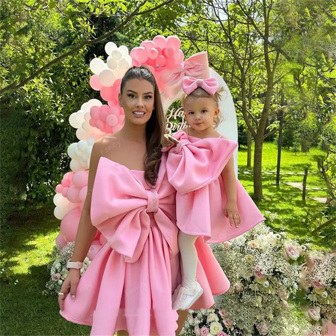 Cute Pink Mother and Child dress Evening Dress Remove Bow A Line Satin Prom Gown Mini Short Birthday Dresses customized