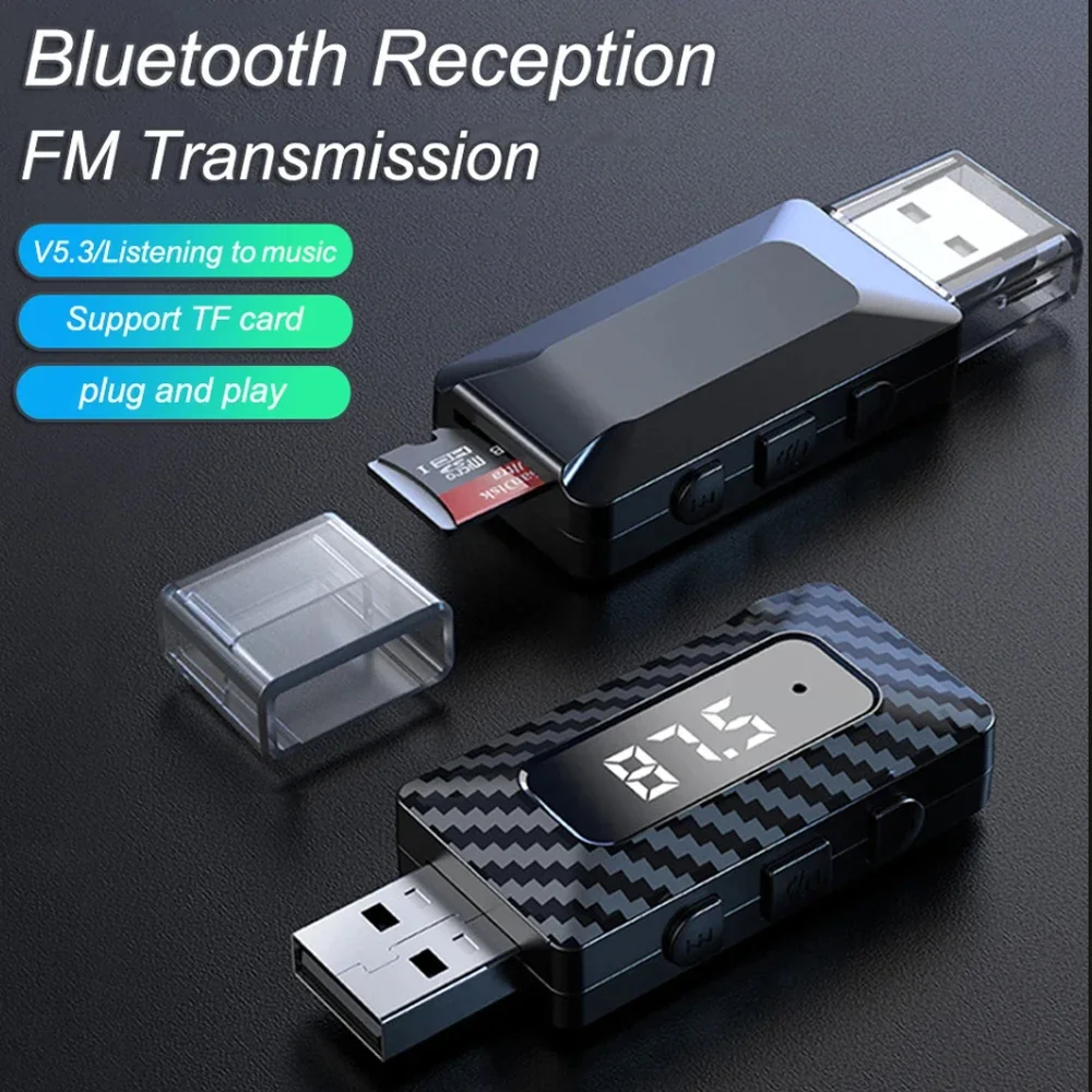 Car Bluetooth 5.3 FM Transmitter Receiver Handsfree Call Mini USB Wireless Adapter Auto Audio with LED Display For Car FM Radio