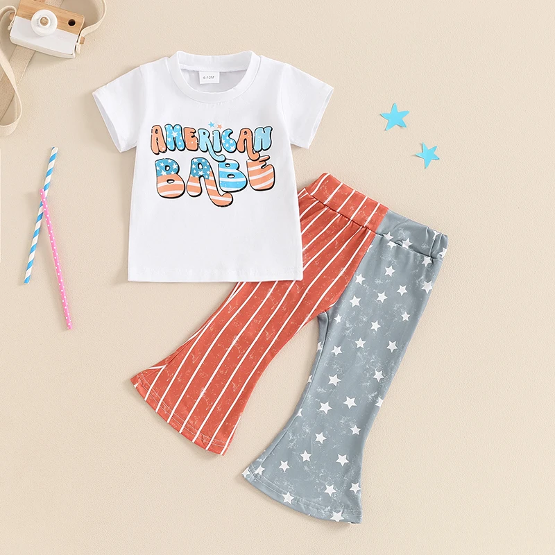 Kids Girl 4th of July Outfits Letter Print Short Sleeves T-Shirt and Star Stripe Flare Pants Cute 2 Piece Clothes