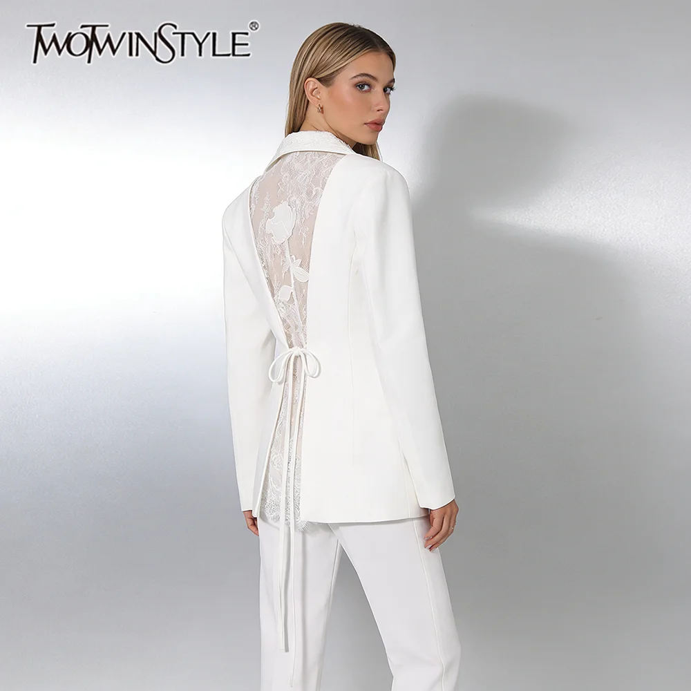 

TWOTWINSTYLE Solid Sheer Spliced Lace Sexy Blazers for Women Lapel Long Sleeves Patchwork Lace Up Fashion Blazer Female Clothing