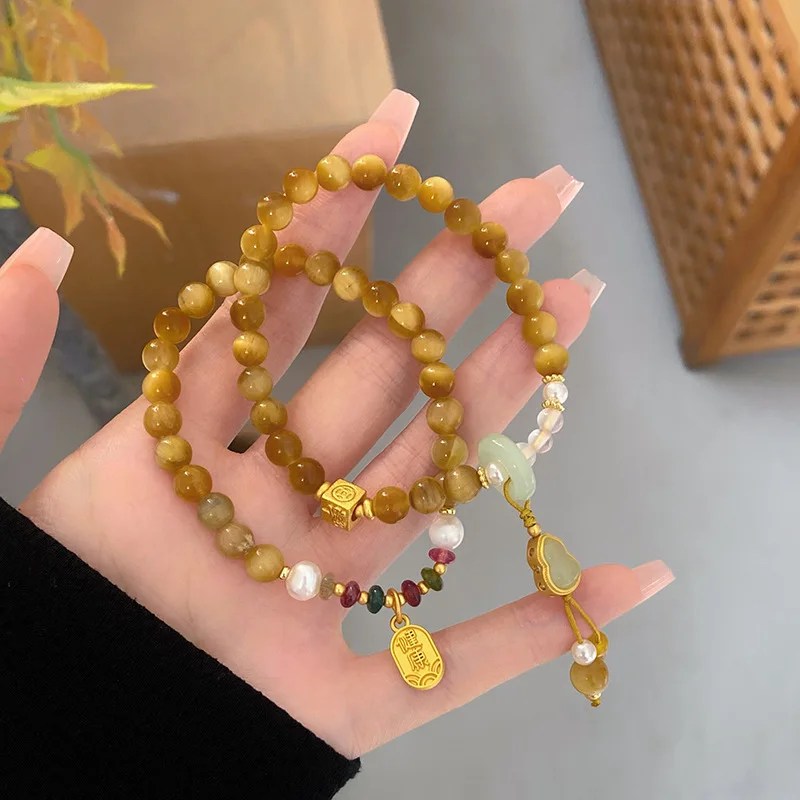 New Chinese Retro Mori Artistic Gold Tiger Stone Temperament Celebrity Style Design Sense Gourd Bracelet