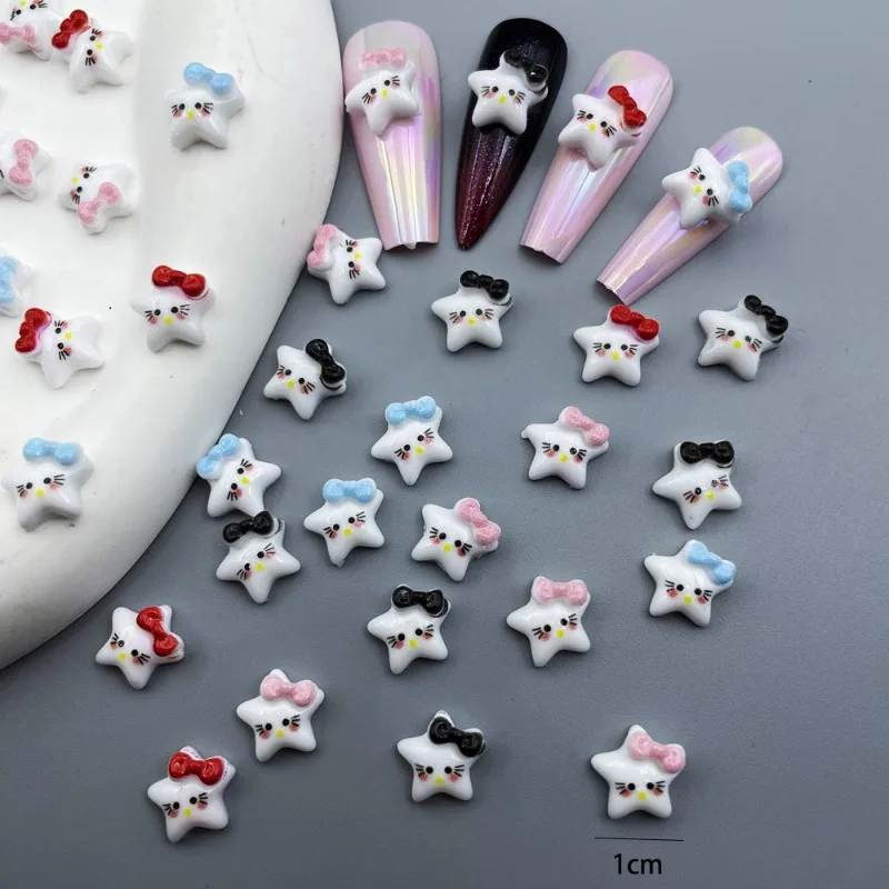 50Pcs New Cute Star Nail Accessories with Three Dimensional Bow and Five pointed Star Cat Nails DIY Decorative Nail Charm