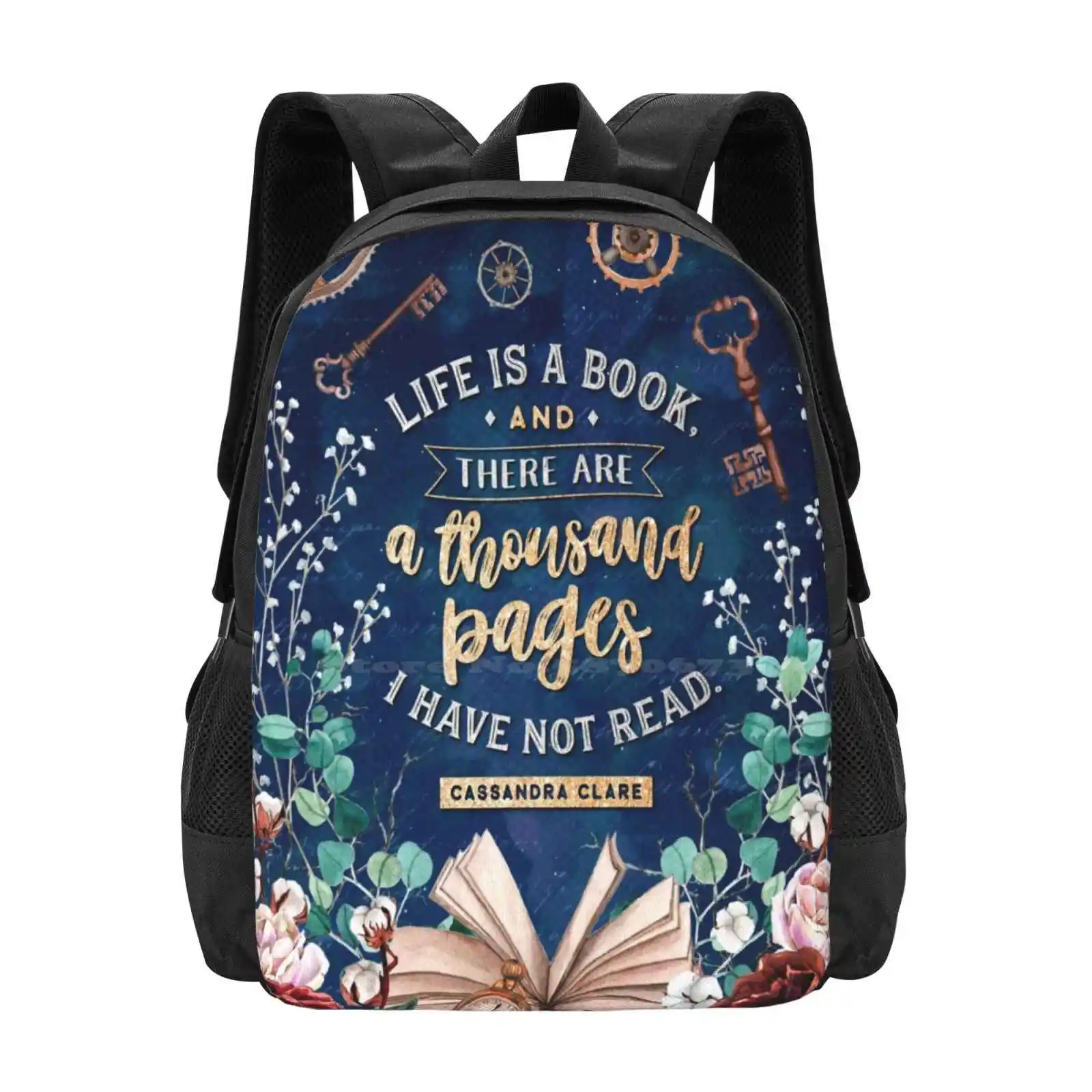 Life Is A Book School Bags For Teenage Girls Laptop Travel Bags Books Reading Vintage Keys Floral Flowers Roses Gears Clockwork