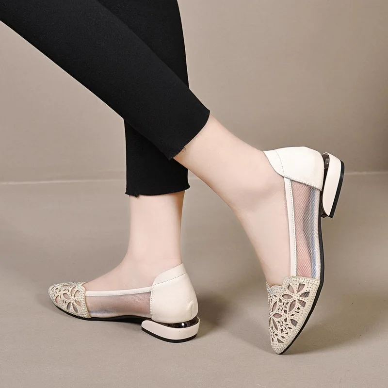 FHC 2024 Spring New Comfort Mesh Soft Shoes For Mum,Women Low Heels,Hollow Out,Pointed Toe,Slip On,Black,Gold,Beige,Dropship