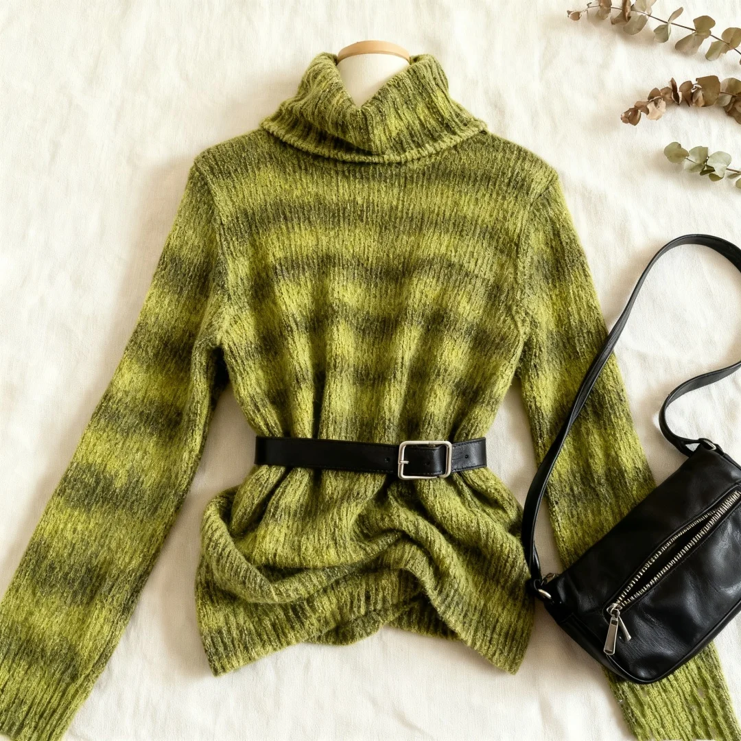 레트로 Y2K 그린 스트라이프 하이넥 니트웨어 스웨터 트렌디한 빈티지 스타일 패션