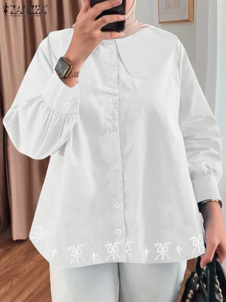 2025 ZANZEA Moda Donna Risvolto Camicetta a maniche lunghe Top Camicia musulmana Turchia Abaya Caftano Casual Floreale Blusas Abbigliamento islamico