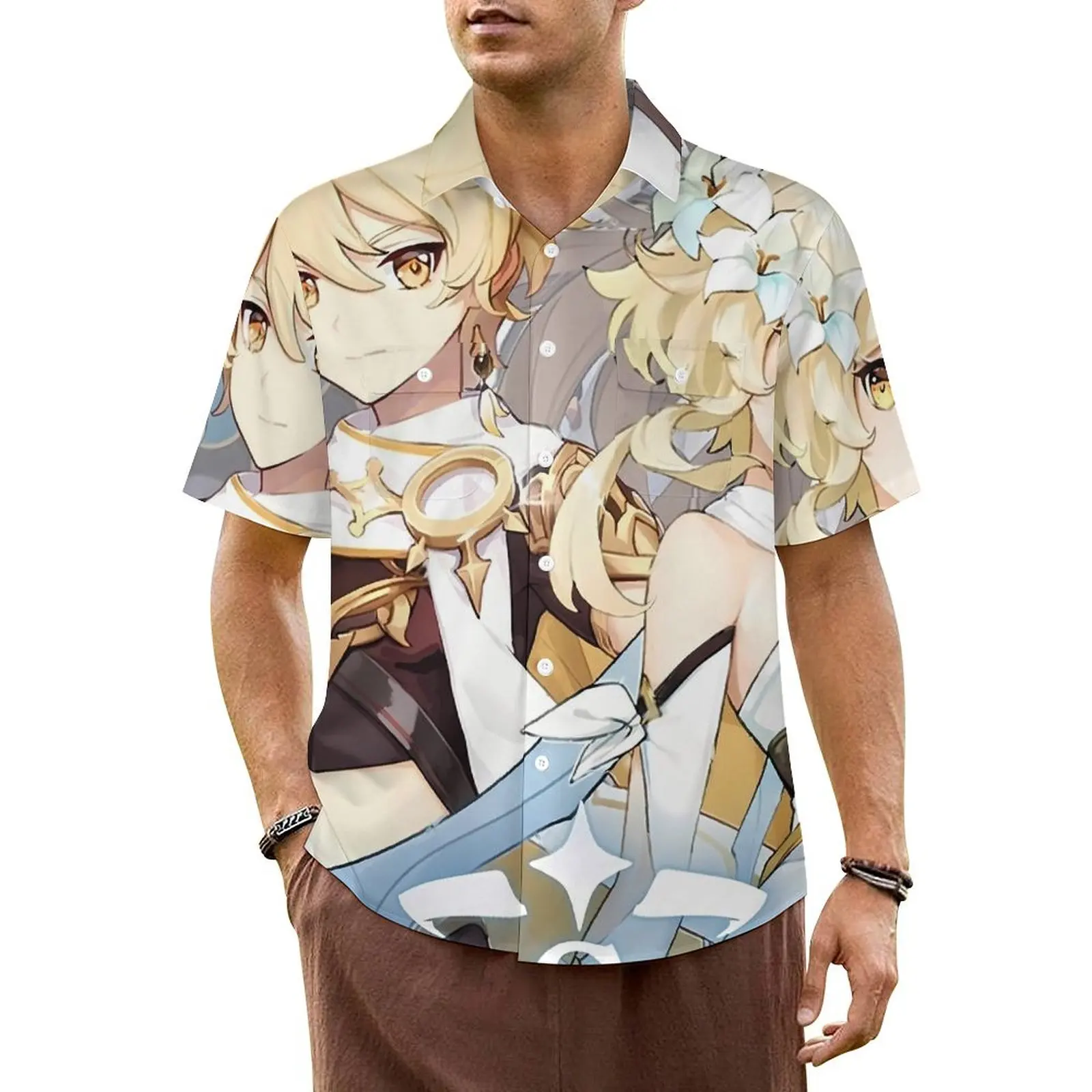 

Genshin Impact Beach Shirt Cute Anime Hawaii Casual Shirts Man Trendy Blouses Short-Sleeved Streetwear Pattern Top