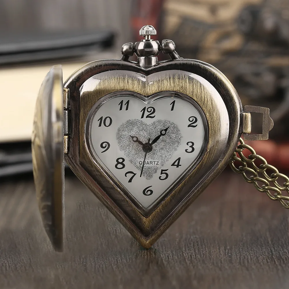 Reloj de bolsillo con forma de corazón para mujer, elegante, Vintage, plata, negro, bronce, collar, colgante, regalo de cumpleaños