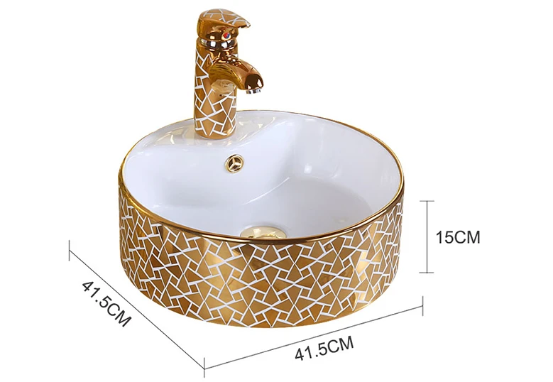 Gold-plated silver circular countertop basin, ceramic hand wash basin