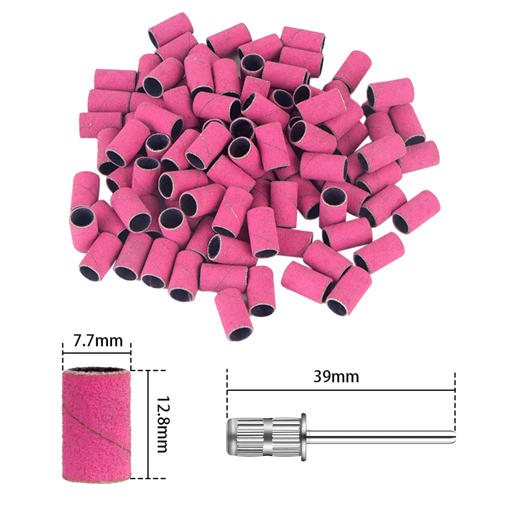 100Pcs Sanding Bands With 1Pcs Metal Shaft Set For Manicure Gel Polish Remover Replacement Tools Nail Drill Bits