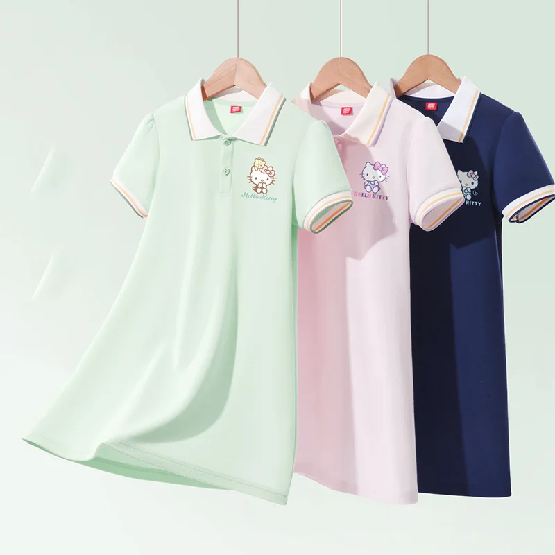 

Sanrio Hello Kitty Girl Skirt Summer Dress Printing Cartoon Polo Collar Children Kawaii Anime New Style Leisure Time Clothing
