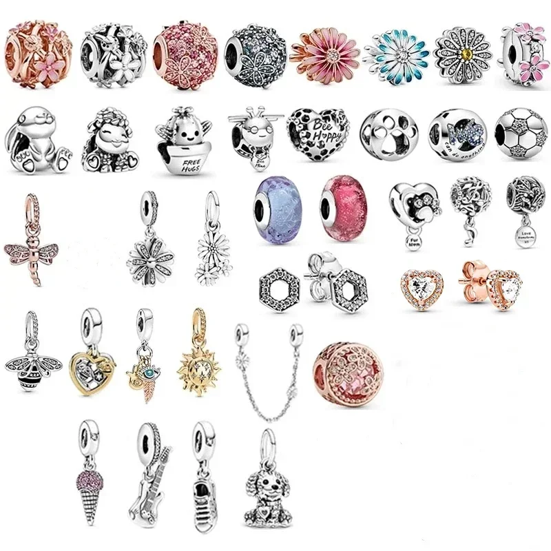 2020 100% 925 sterling silver pretty flower guitar bee notes cute dog rabbit ice cream football sun lucky hollow charm jewelry