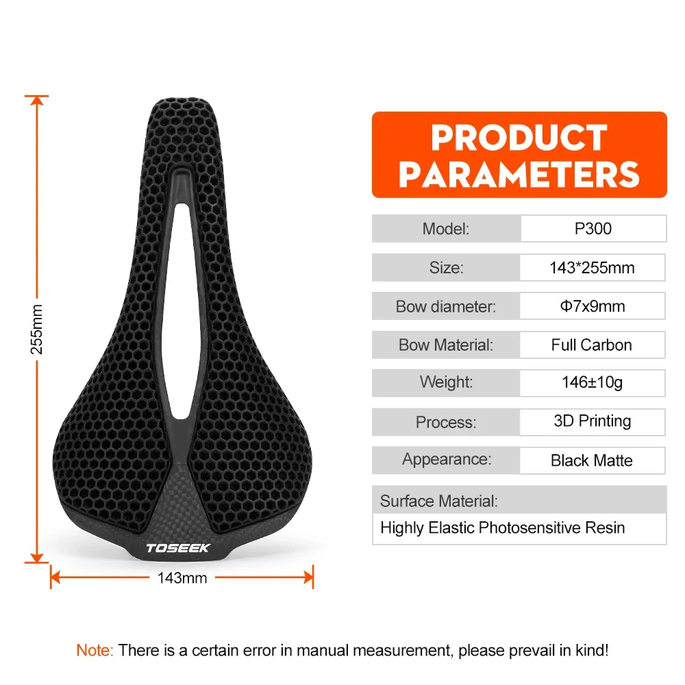 TOSEEK P300 Full Carbon Saddle - Ultralight 3D Printed Road and Mountain Bike Saddle for Ride Comfort and Performance