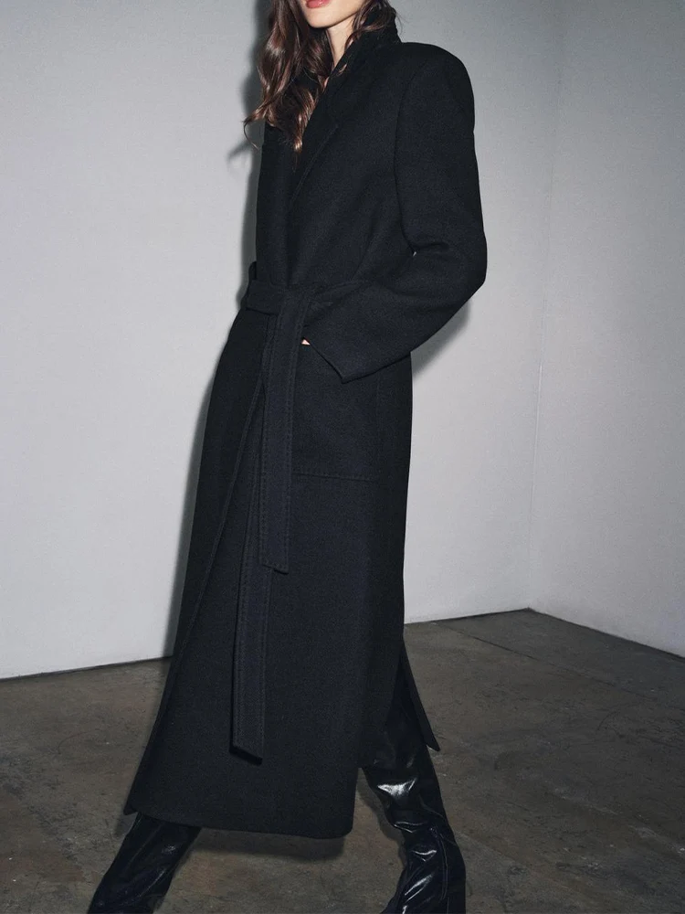 

Новое женское модное универсальное однотонное пальто в европейском стиле с поясом и длинными рукавами, шерстяное пальто