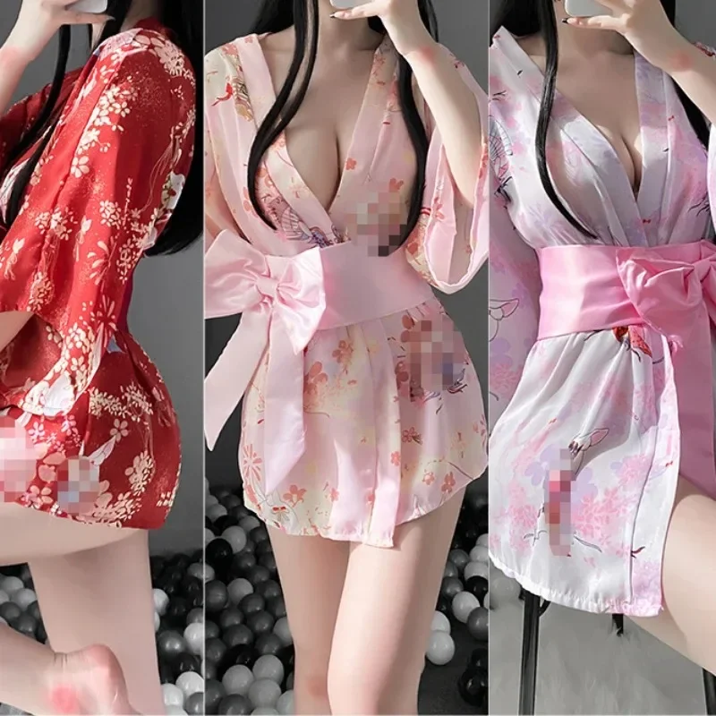 Women Sexy Short Dress Cosplay Japanese Kimono Costume Sexy Lingerie Bathrobe Sleepwear Floral Robe Erotic Lingerie Female Dress