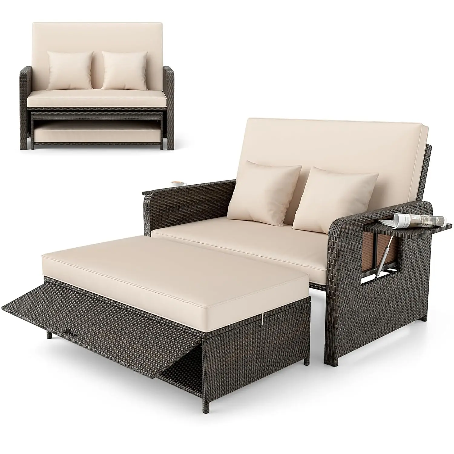 Outdoor Wicker Daybed with Adjustable Backrest Storage Ottoman Cushions Rattan Double Lounger Patio Furniture Beige, Customized