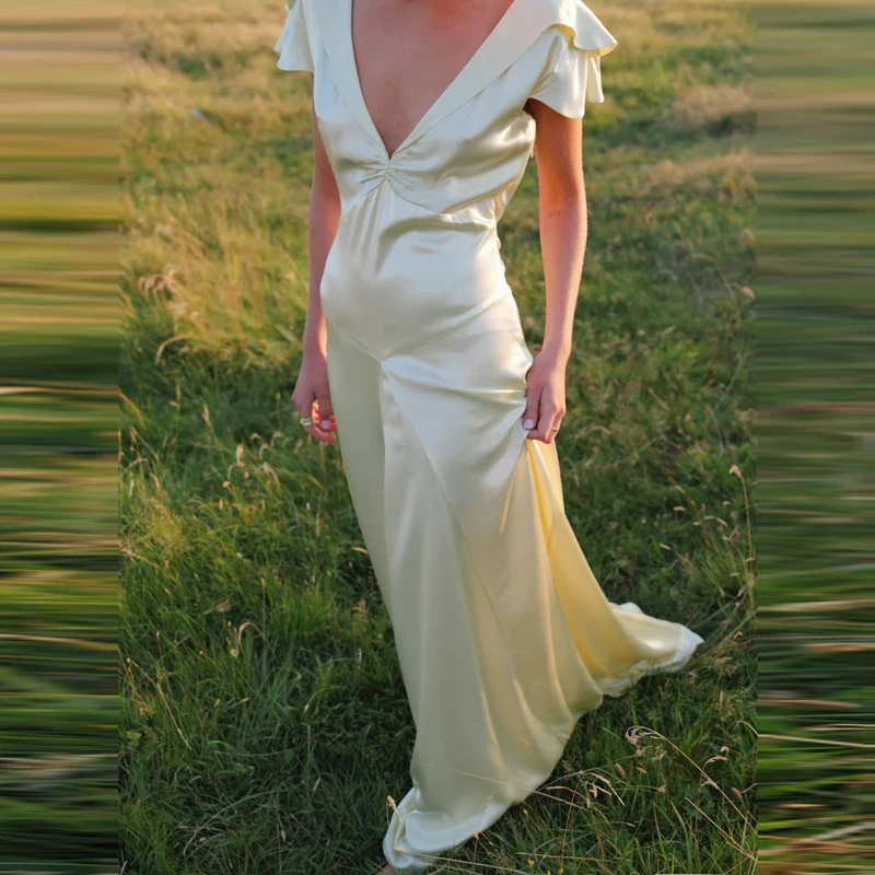 Mode V-hals Grote Backless Satijnen Maxi-jurk Elegante Dames Effen Kleur Slanke Banketjurk Zomer Nieuwe Mouwloze Veterjurken